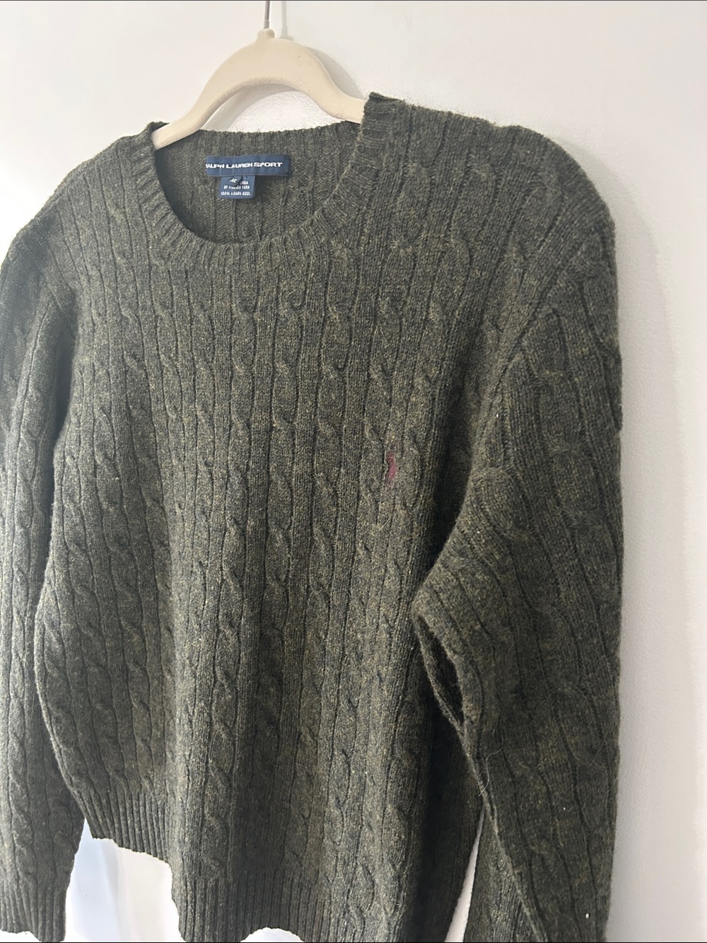 Ralph Lauren Sport Cable Knit Sweater Olive Lambswool Crewneck Preppy Old Money - Picture 15 of 16